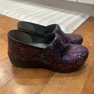 Dansko Black and Purple Patterned Clogs